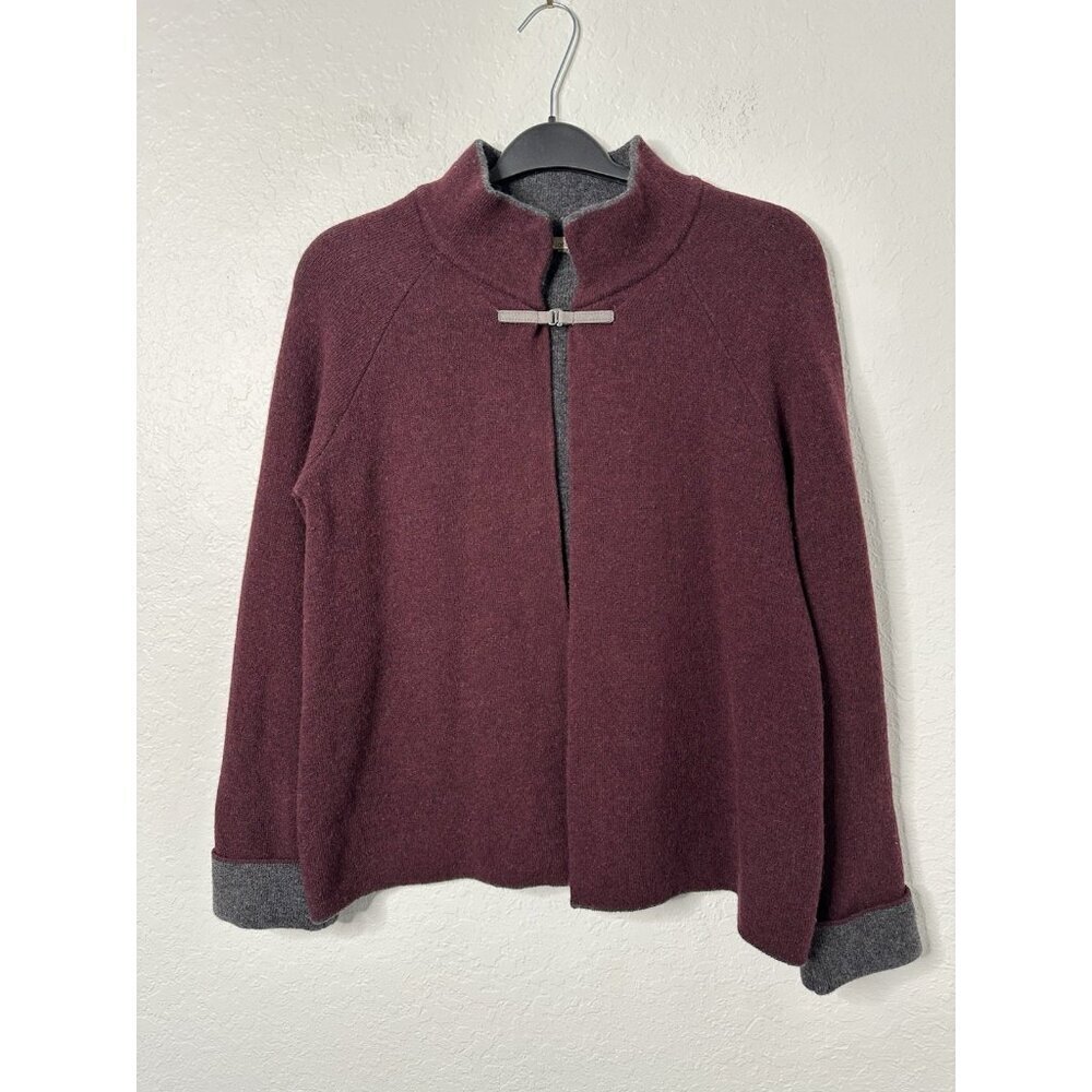 Chiaramente Women's LARGE Wool Open Front Burgundy Gray Sweater Regency Casual